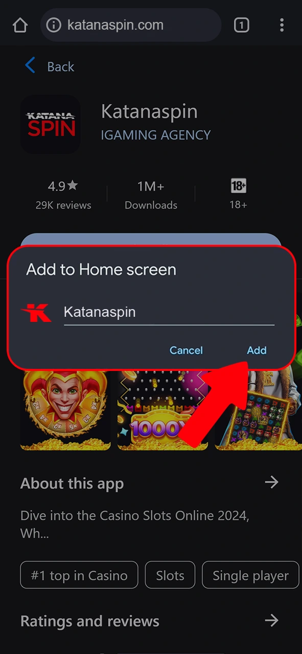 Confirm adding the Katanaspin app to your home screen.