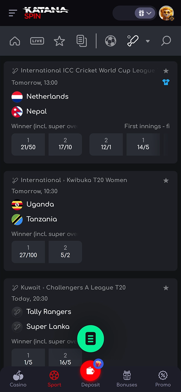 Select the cricket match you want to bet on at Katanaspin.