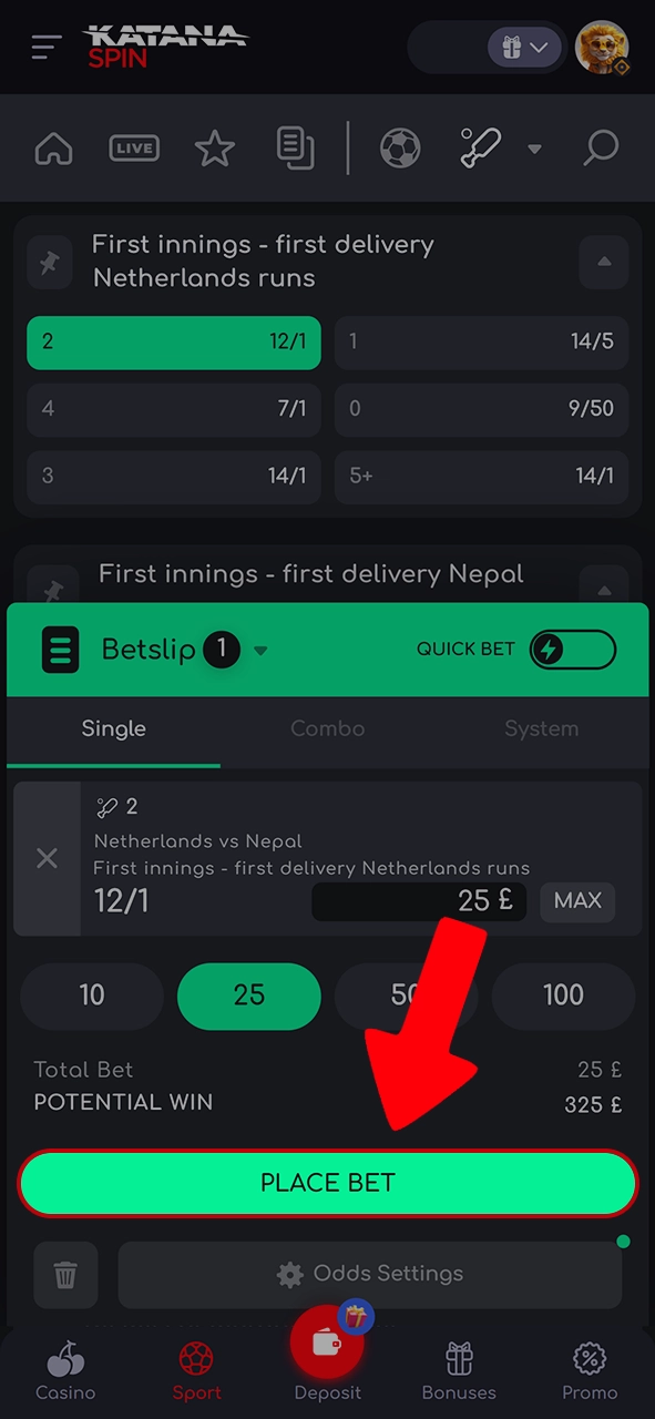 Fill out the Katanaspin betting form and confirm it.