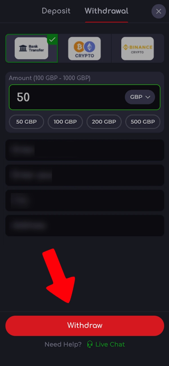 Enter the amount, fill out the withdrawal form, and confirm the transaction on Katanaspin.