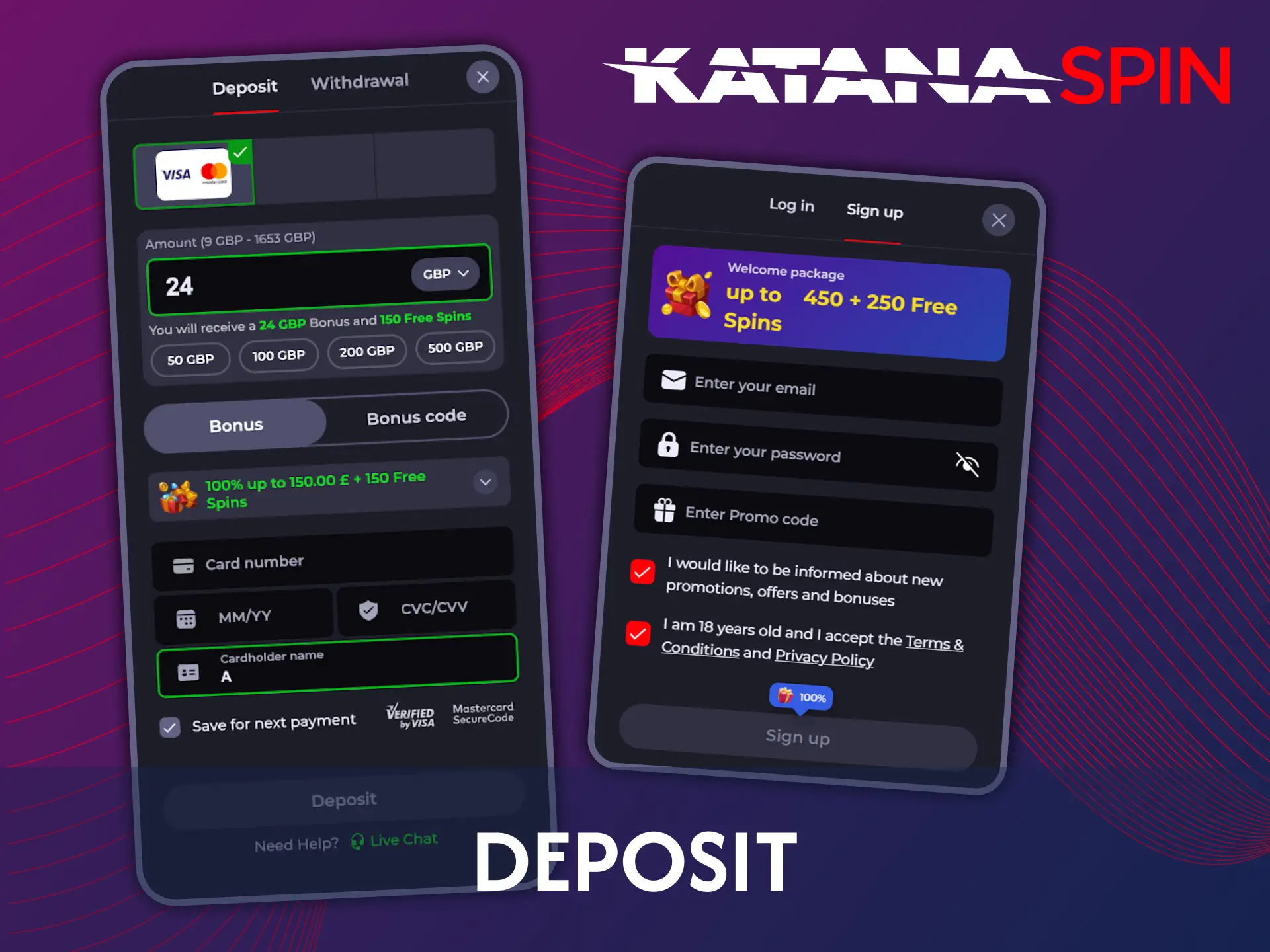 Katanaspin allows to deposit for live casino games very easily.