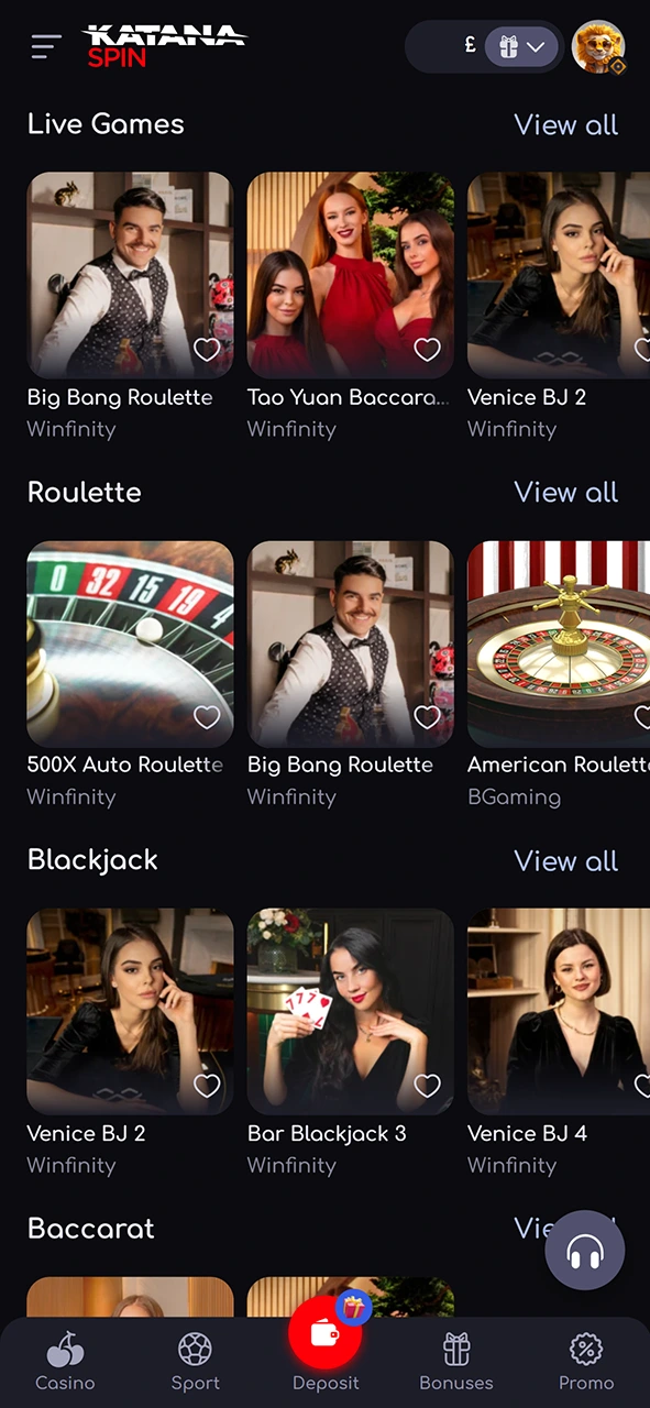 Explore the live games available on Katanaspin and make your selection.