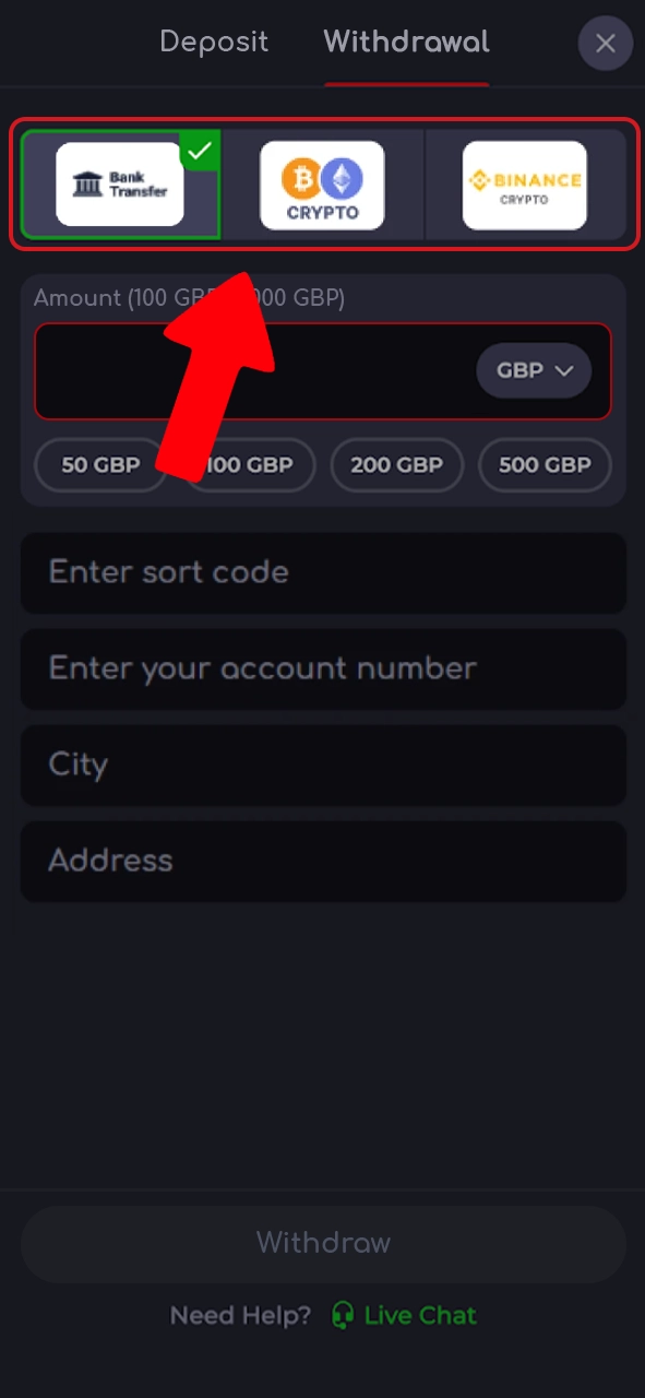 Select the withdrawal method that is most convenient for you on Katanaspin.
