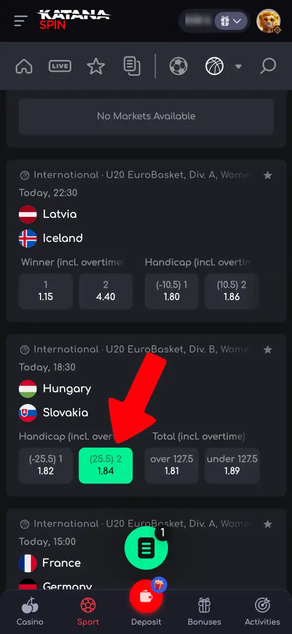 Choose a basketball match on Katanaspin and select the type of bet to place.