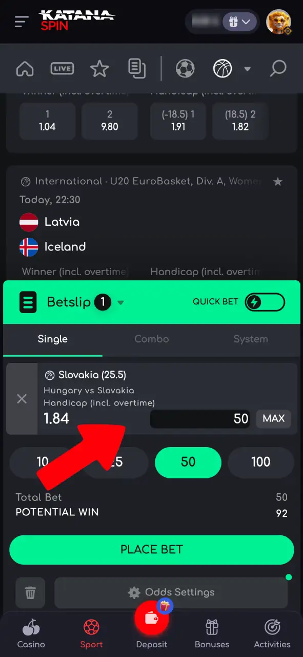 Adjust your bet slip on Katanaspin, enter the stake amount, and confirm your basketball bet.