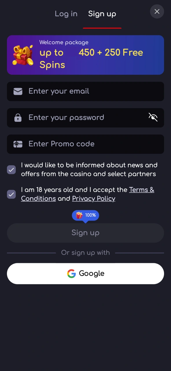 Sign up on Katanaspin by entering your email, password, and promo code, then accept the terms.