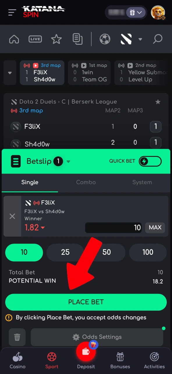 Place your bet on Katanaspin by entering the amount in the bet slip and confirming the action.