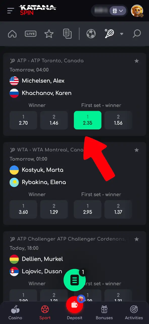 Choose a specific match on Katanaspin and select the type of bet to place.
