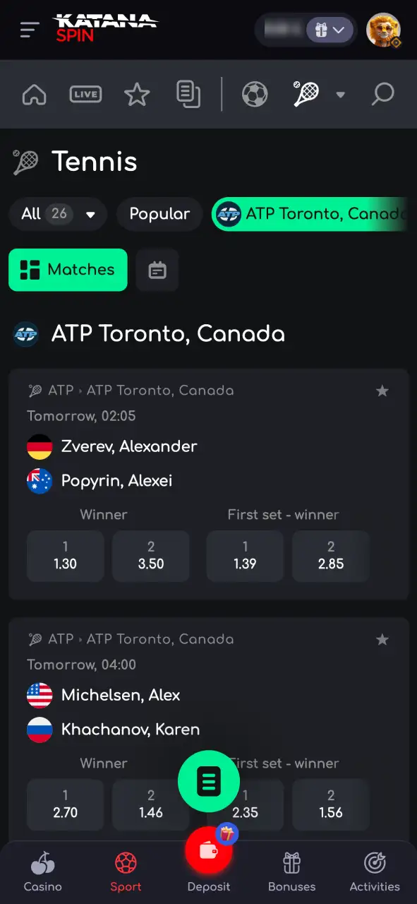 Go to the Sports section on Katanaspin, select tennis, and choose a league to bet on.