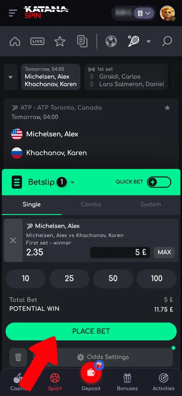 Place a bet on Katanaspin by adjusting your bet slip, entering the amount, and confirming responsibly.