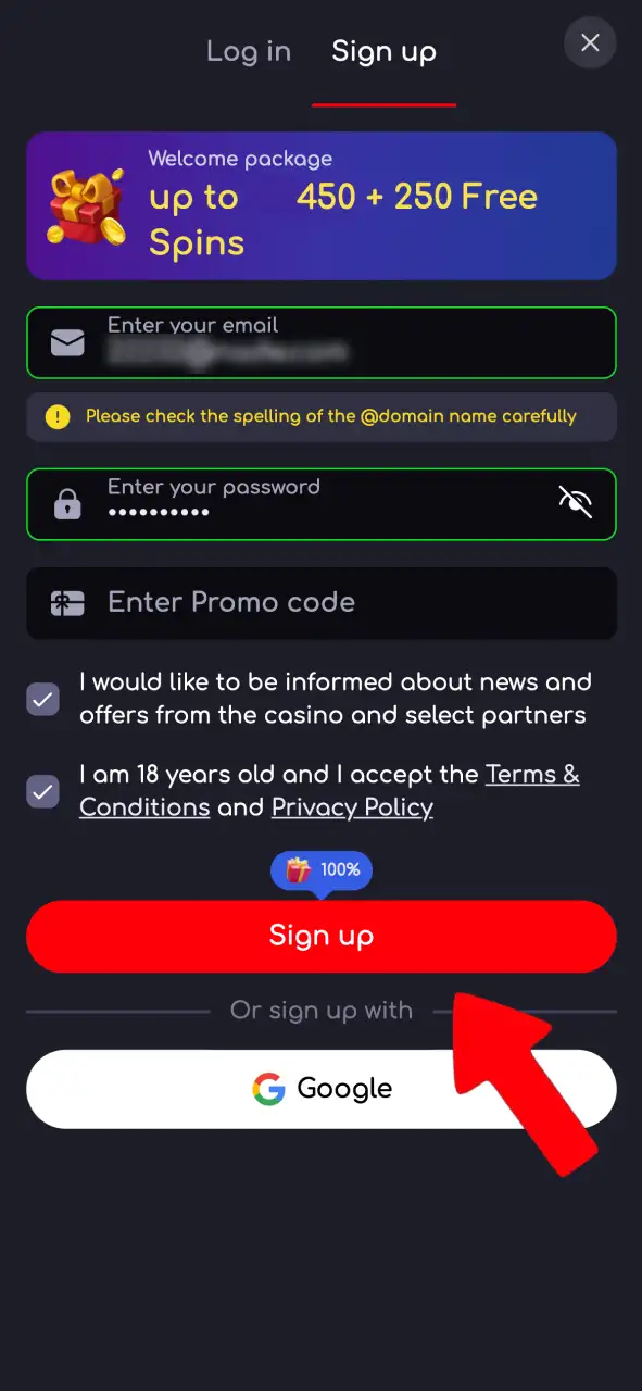 Register on Katanaspin by tapping Sign Up, entering email, password, promo code, and confirming age.